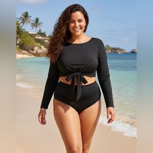 J. Crew Black Long Sleeve Tie-Front Top Active cropped rash guard swimsuit top